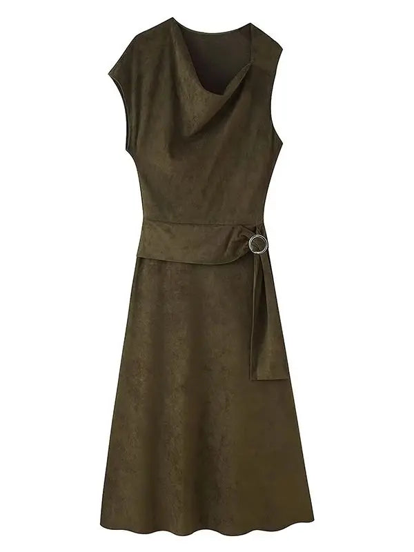 Chic Fashion Suede Autumn Dress Slim Long Dresses For Women Pleated Midi Dress Woman Sleeveless Asymmetry Casual Dresses