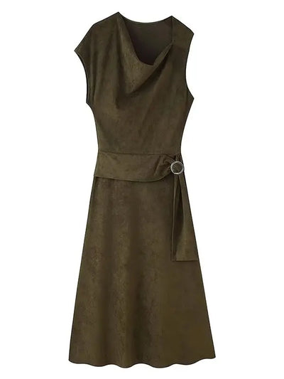 Chic Fashion Suede Autumn Dress Slim Long Dresses For Women Pleated Midi Dress Woman Sleeveless Asymmetry Casual Dresses