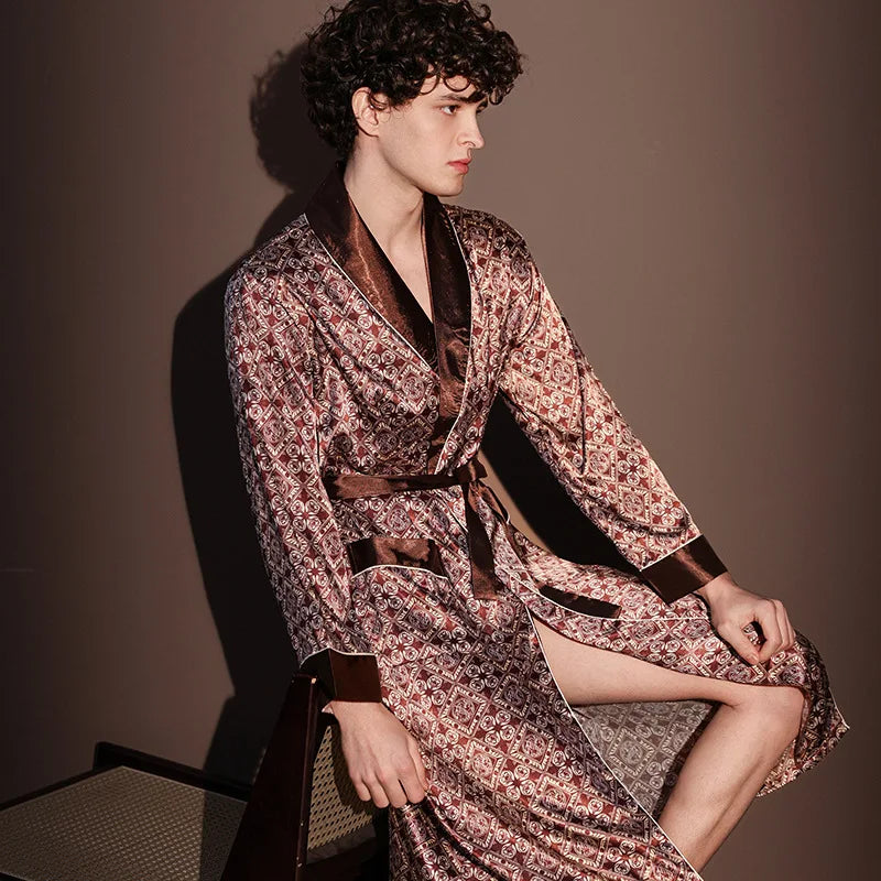 High Quality Nightrobes Men Summer Thin Bathrobe Large Size Ice Silk Printed Pajamas One-piece Robe Male Loungewear Gents Spring