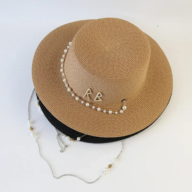 New women summer hats straw sun hat panama elegant fedoras lady girl outdoor vacation with pearl chain sunshade beach