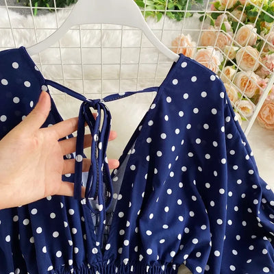 V Neck Sexy Dolman Sleeves Waist Slim Polka Dot Print Jumpsuit Women Wide Leg Trousers Jumpsuit