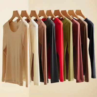 Women Thermal Underwear Long Sleeves Bottoming Shirt Pullover Elastic Casual Solid Top