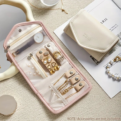Travel Jewelry Organizer Bag, PU Material Necklace Earring Ring Storage Pouch with Watch Compartment, Portable Zippered