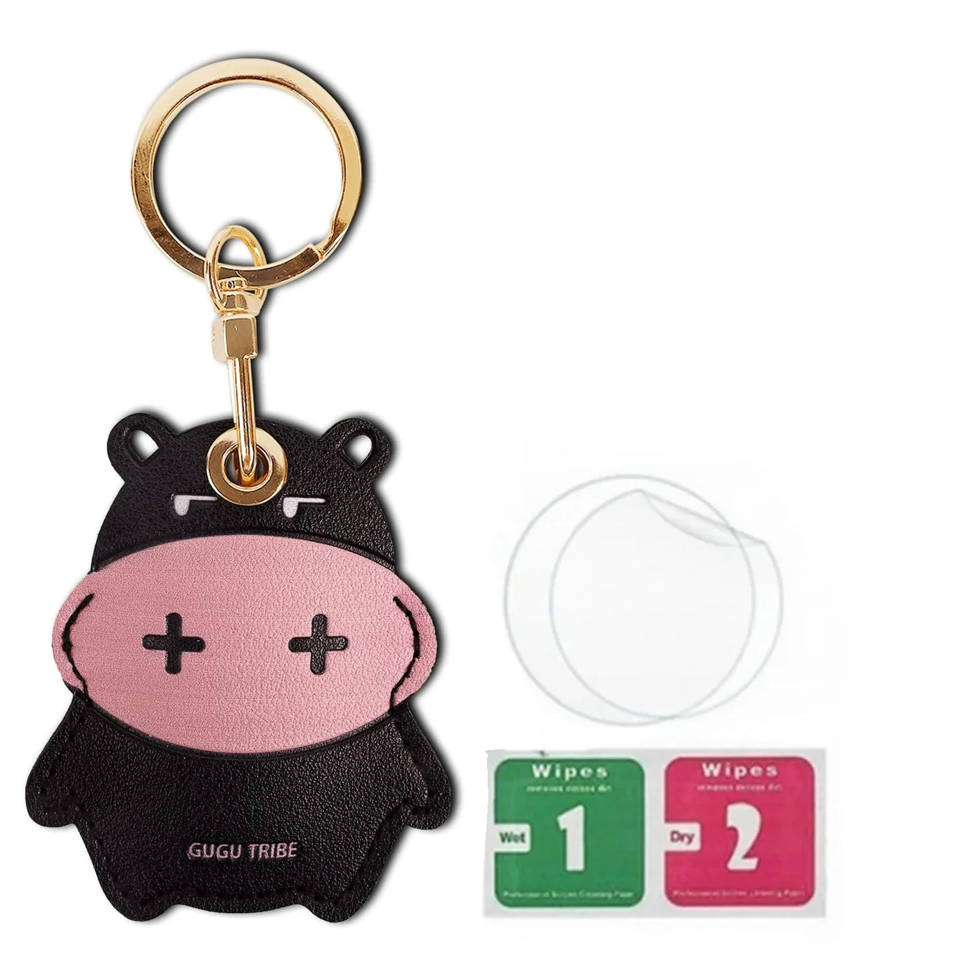 Black and pink pig keychain with gold hardware, gogu tribe text, Airtag leather holder with hand straps