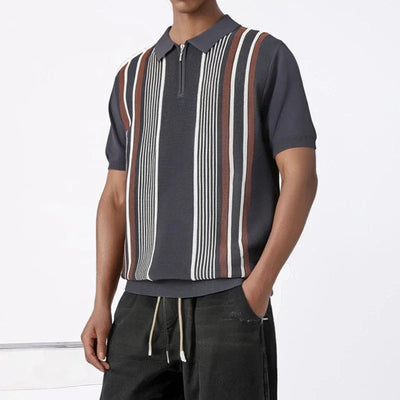 Trendy Men's Slim Knitted Polo Shirts Summer Casual Short Sleeve Zip-up Polo Neck Tops For Men Daily Leisure Striped Knit Polos