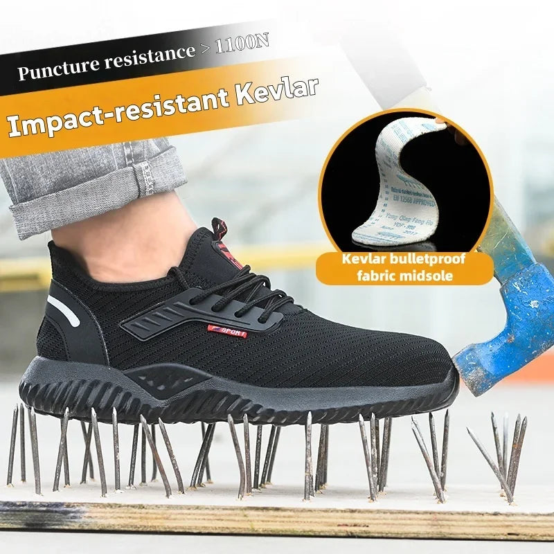 Braided safety shoes for men with steel toe protection, bump-proof, breathable, comfortable, lightweight, durable and safe.