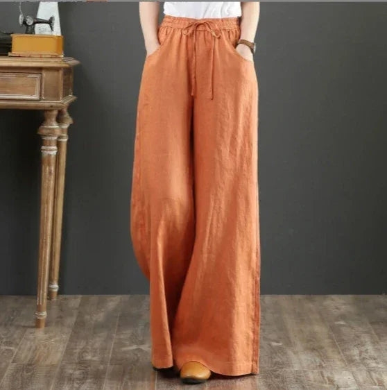 Women Wide Leg Pants Solid Loose Length Pants Cotton Linen Elastic Waist Casual Pants Vintage Mid Waist Pants 5XL