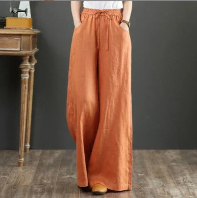 Women Wide Leg Pants Solid Loose Length Pants Cotton Linen Elastic Waist Casual Pants Vintage Mid Waist Pants 5XL