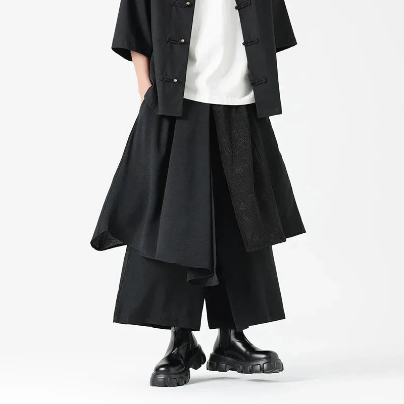 Men's Wide Leg Fashion Pants Pleated Elastic Waist Designer Tie Side Wrap Trousers Summer Streetwear Chinese Japanese Type Pants