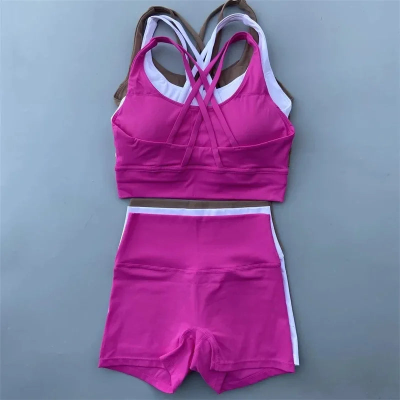 2025 Summer Women's Yoga 2-Piece Set Beauty Back Sling Bra & High Waist Butter Touch Stretch Shorts Fitness Cycling Sports Set