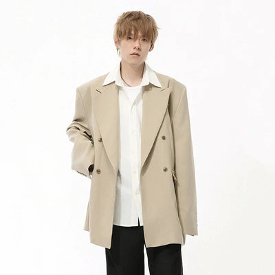 IEFB Korean Style Men's Blazers Double Breasted Shoulder Padded Tops Turn-down Collar Solid Color Loose Male Suit Jackets 9C8669