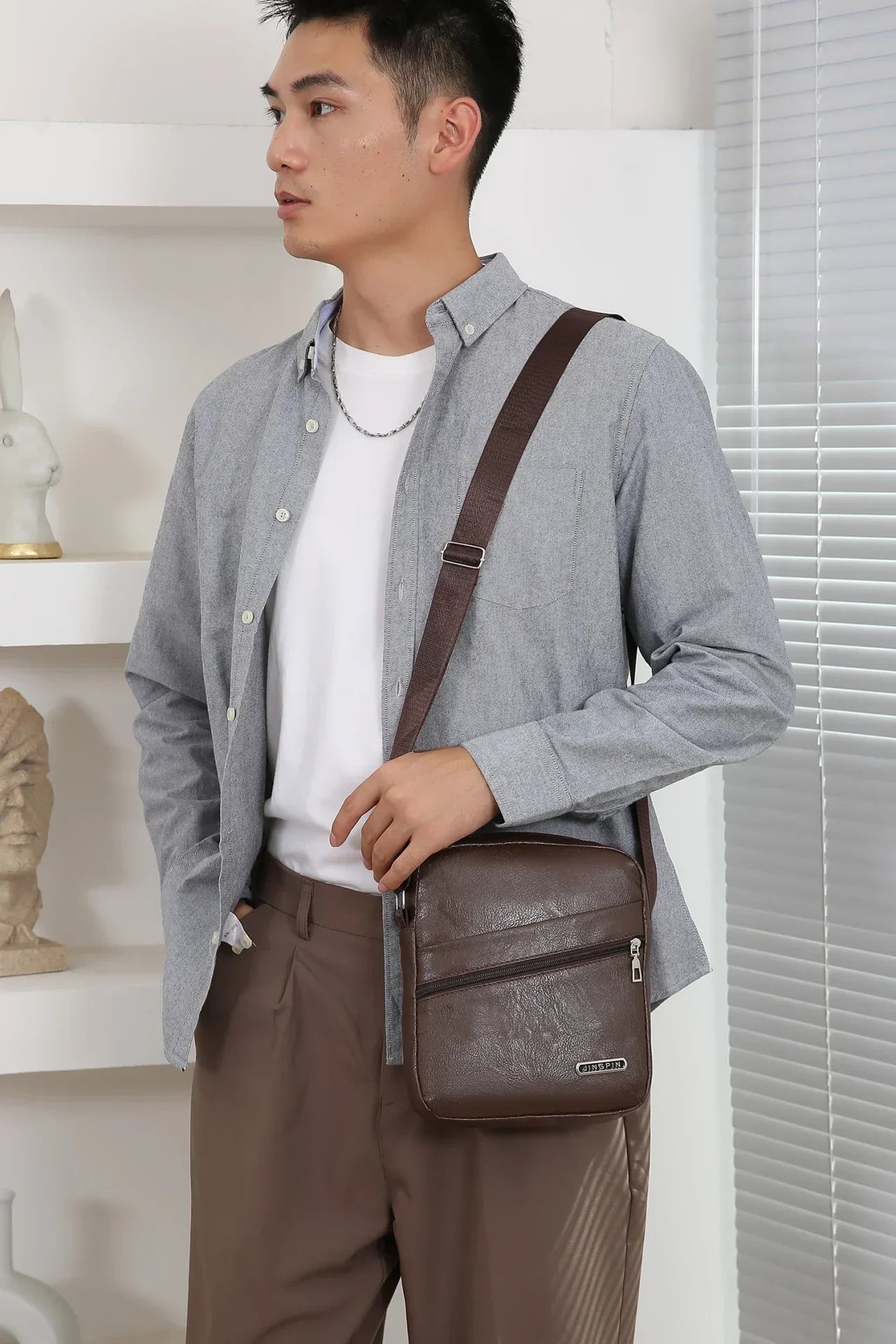 Men‘s PU Shoulder Bag Messenger Bag Casual Waterproof Nylon Zipper Pocket Handbag Fashion Tote Travel Male Crossbody Bags