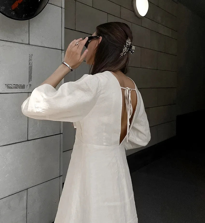 Retro Cotton Linen Women'S Summer Dress Sexy V-Neck Puff Sleeve Long Maxi Birthday Graduation Dresses Beach Sundress Robe Femmes