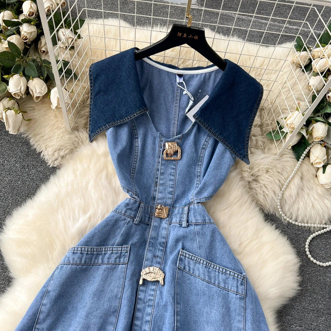 Designer Denim Dress Women Long Dresses Single Breasted Big Turn-down Collar Waist Slimming Temperament Split A-Line Vestidos