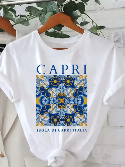 Women T-Shirt with Capri Island Graphic Print All Season