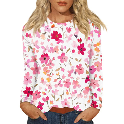 Women's T-Shirts Long-Sleeved Floral Print Round Neck