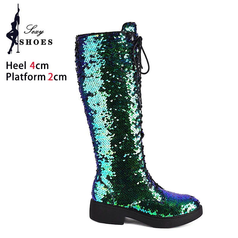Knee-High Boots Women Flat Gothic Fashion Low Heel Shoes Autumn Winter Sequins Heels Bling Bling Silver Luxury Womens Long Boots