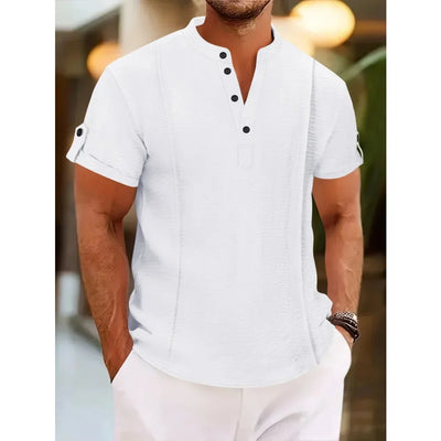 Men's summer new style standing collar short-sleeved POLO Shirts double button front casual outdoor beach wind solid color Tops