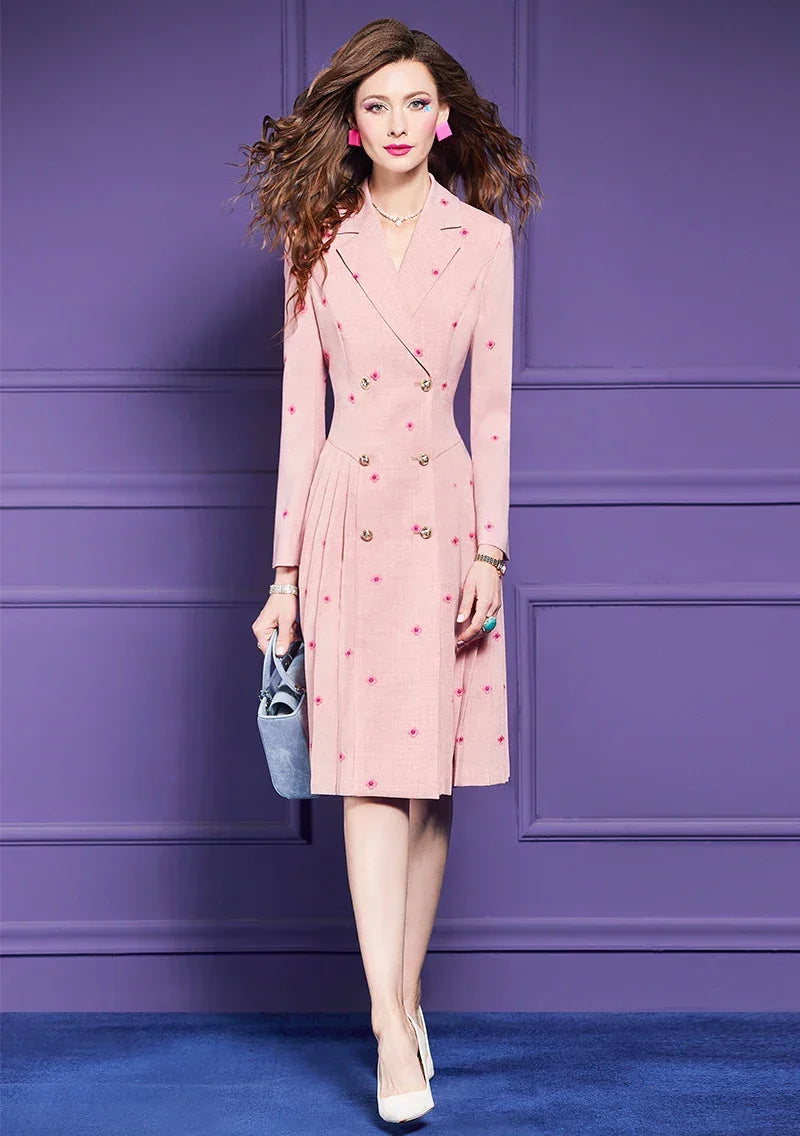 ZJYT New Fashion Women's Autumn Blazer Dresses Long Sleeve Embroidery Double Breasted Office Dress Plus Size Female Clothing