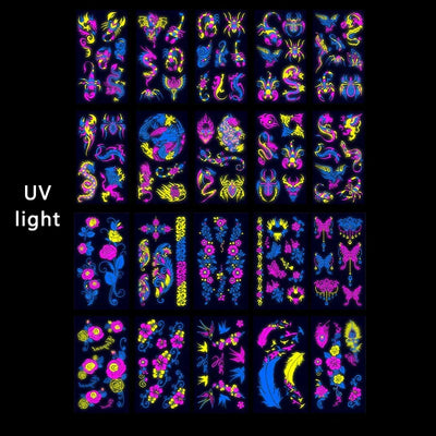 Temporary Fluorescent Tattoos Flower Feather Animals Pattern Body Arm Leg Face Stickers Night Bar Party Music Festival