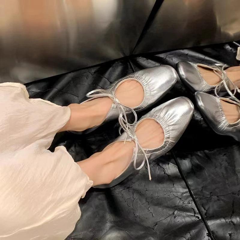 Women ballet leather narrow band flat shoes bling silver gold footwear