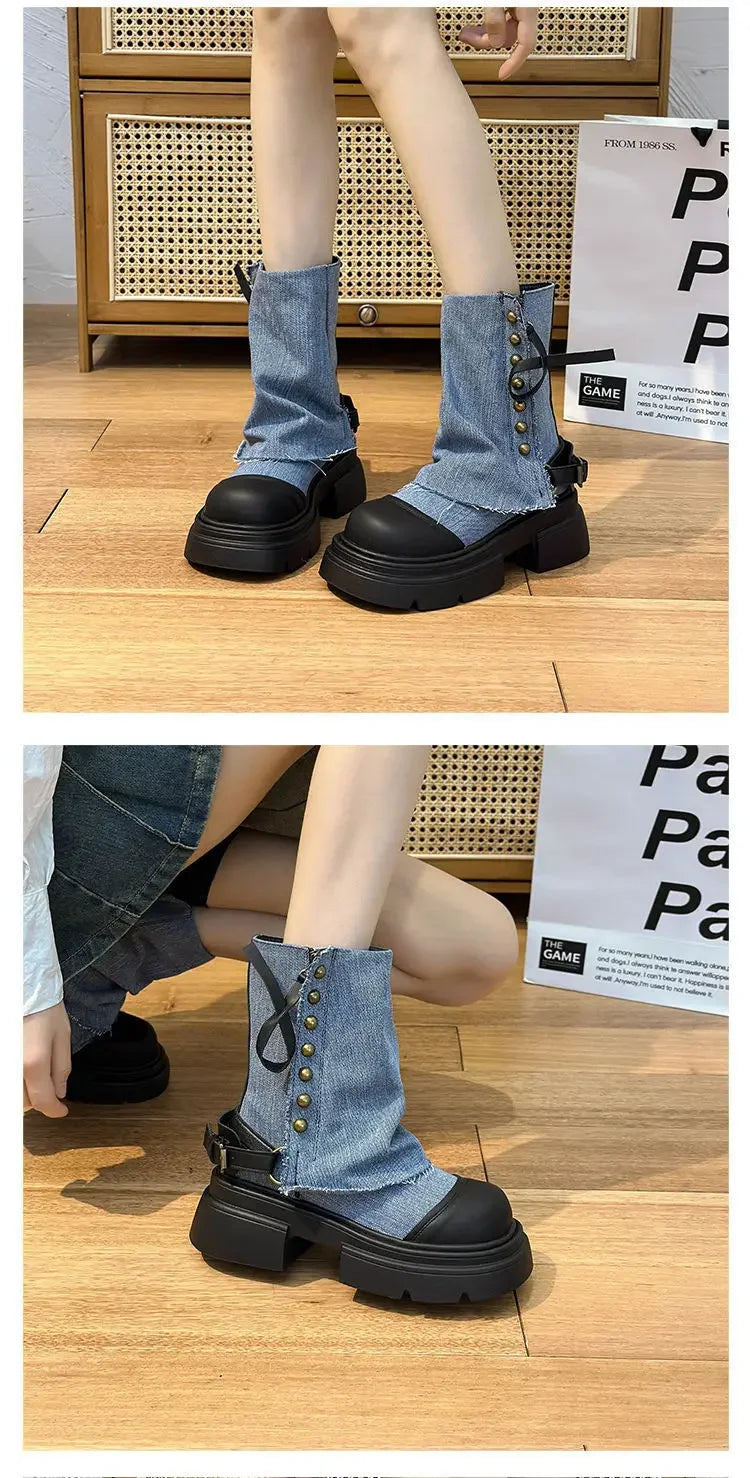 Women Boots British Fashion Pants Leg Boots  New Thick Soled Rivet Zipper Belt Buckle Platform Anti Slip Cowboy Short Boots
