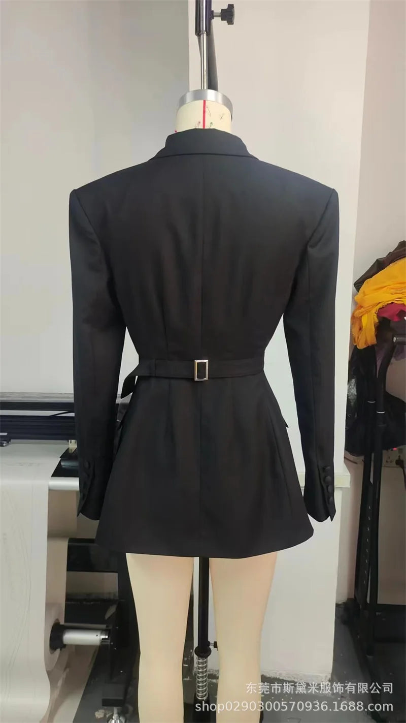 2025 New Black Women Double Breasted Blazer Elegant Belted Office Dress with Gold Buttons Slim Fit Trench Style Blazer