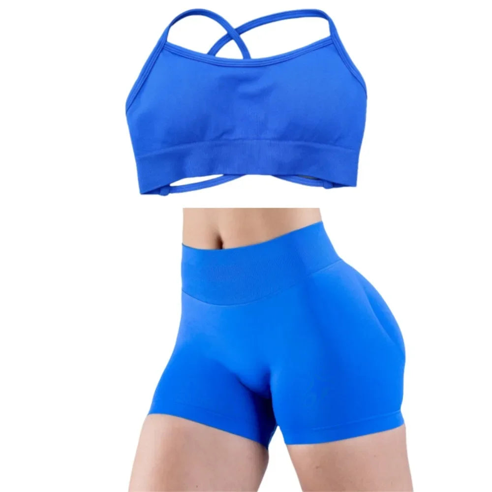 2025 Yoga High Quality Set Solid Color Women's Sports Hip Lift Shorts Cross Bra Shockproof Backrest Sling 2-piece Set Summer
