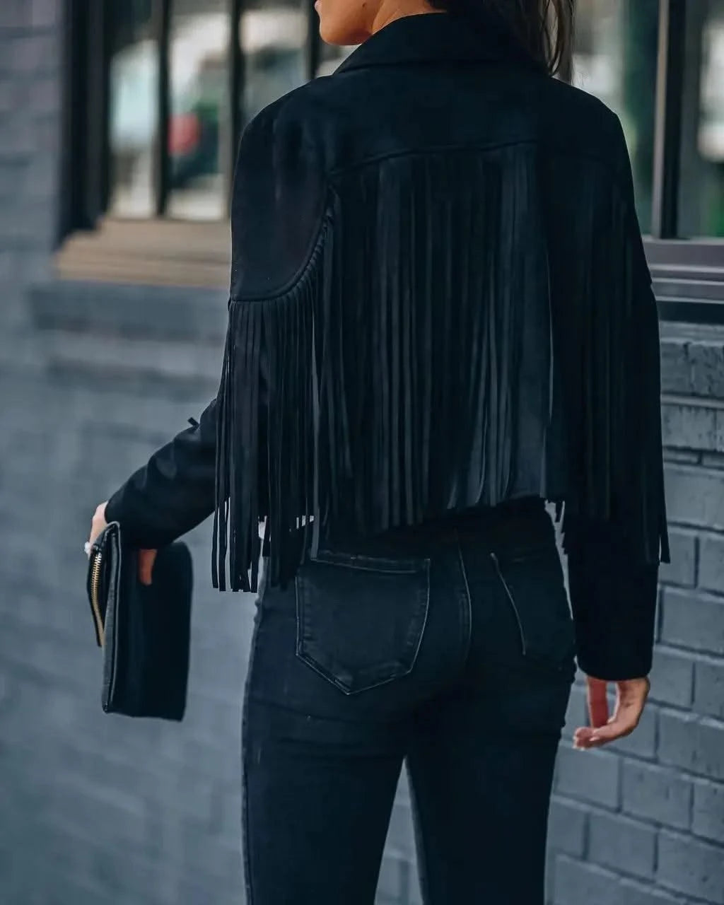 Fringed Bomber Jacket Women Long Sleeve Turn-down Collar