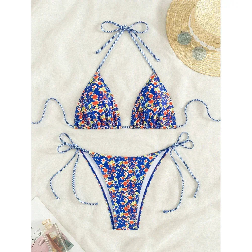Swimsuit 2025 Female Micro Bikini Women Swimwear Summer Beachwear Women's Bathing Suit Floral Print Neck Halter Thong Bikini Set