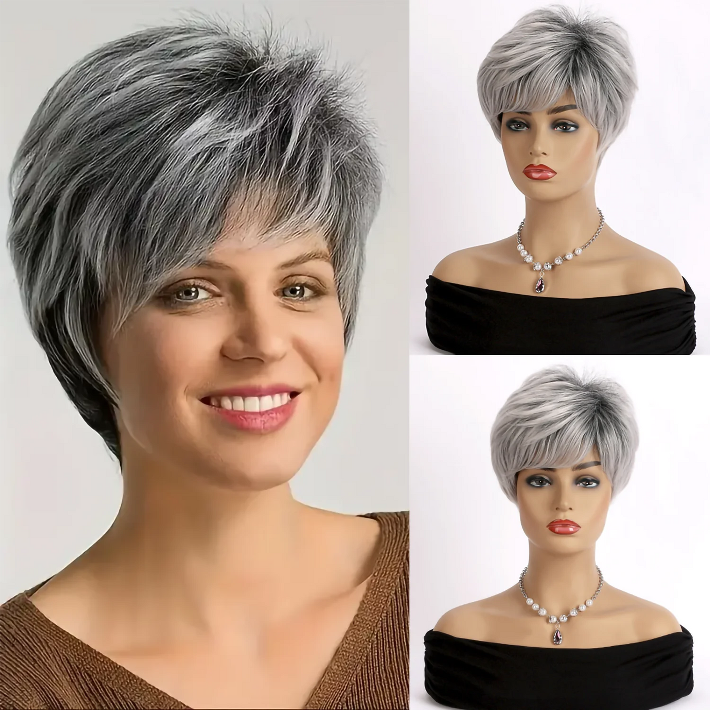 Short Grey Human Hair Wigs for Women Natural Pixie Cut Synthetic Wig Daily Hair