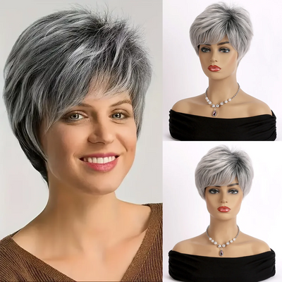 Short Grey Human Hair Wigs for Women Natural Pixie Cut Synthetic Wig Daily Hair