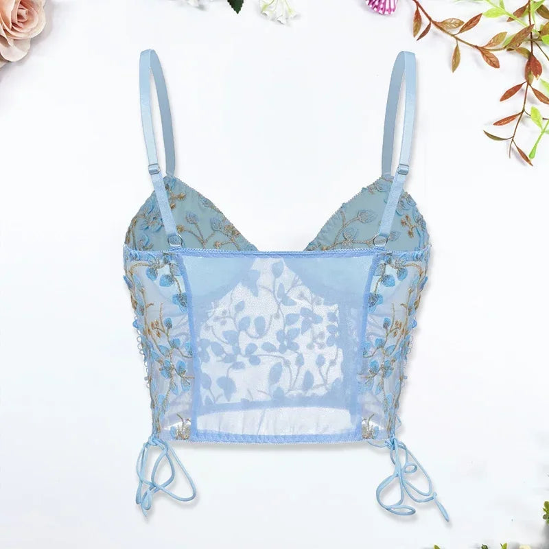 Women Blue Camisole Vest Embroidery Flower Slim Fit Corset