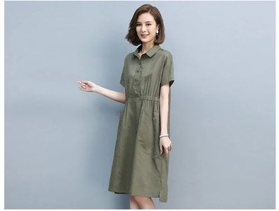 Summer Vintage Dresses for Women 2024 New Casual Loose Cotton Polo Collar Short Sleeve Office Lady Pleated Dresses Vestidos