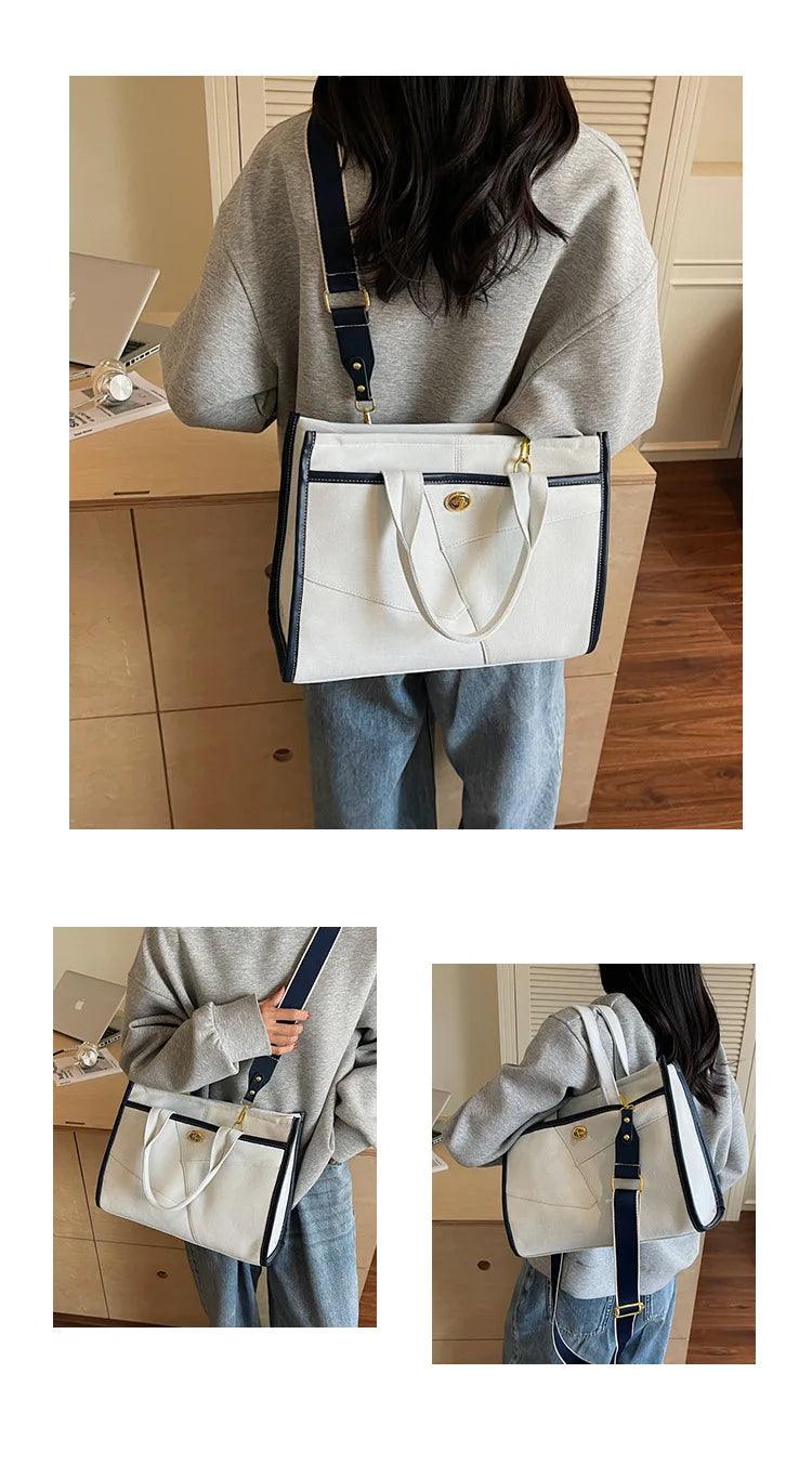 Designer colorblock canvas tote - oversized denim shoulder bag for women stylish work & casual crossbody purse
