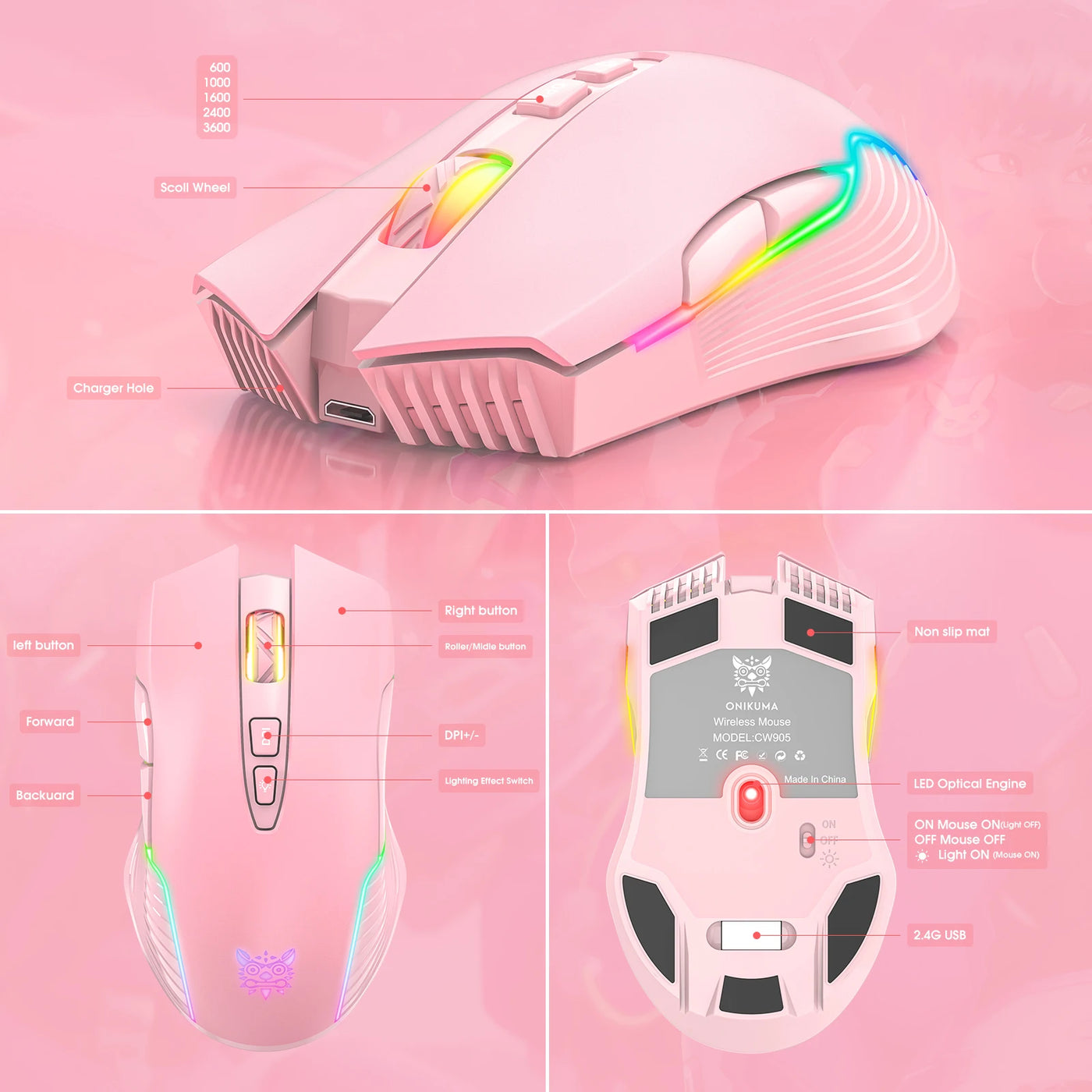 ONIKUMA CW905 Wired Gaming Mouse 6 Levels Adjustable DPl 7 Programmable Buttons 7 RGB Lighting Modes Ergonomic Mice for Pc Gamer