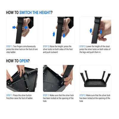 3-step adjustable folding step stool, foldable step stool, safer metal step stool for bedrooms, kitchens, offices, SUVs, etc. fo