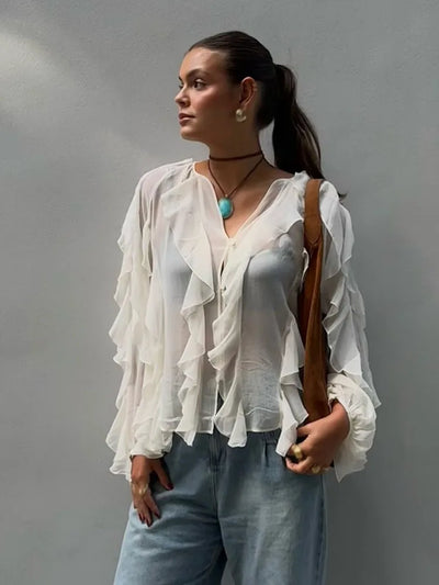 HH Casual Women Ruffles Shirts 2025 Female Loose Lace Up Hollow Out V Neck Semi-Transparent Blouses Spring Lady Clothes