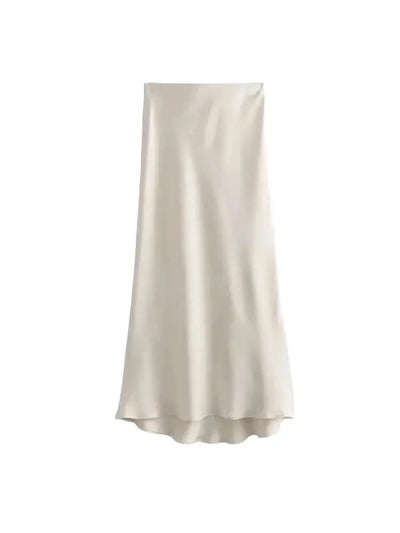 Women's Flowing Satin Midi Skirt, High Waist With Elastic Waistband, Female Skirts, Chic Fashion