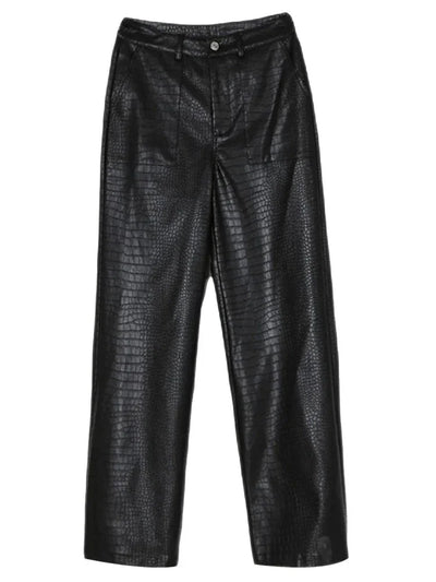 Lautaro Autumn Long Black Crocodile Texture Leather Pants Women Zipper High Waist Y2k Clothes Streetwear Women Trousers 2022