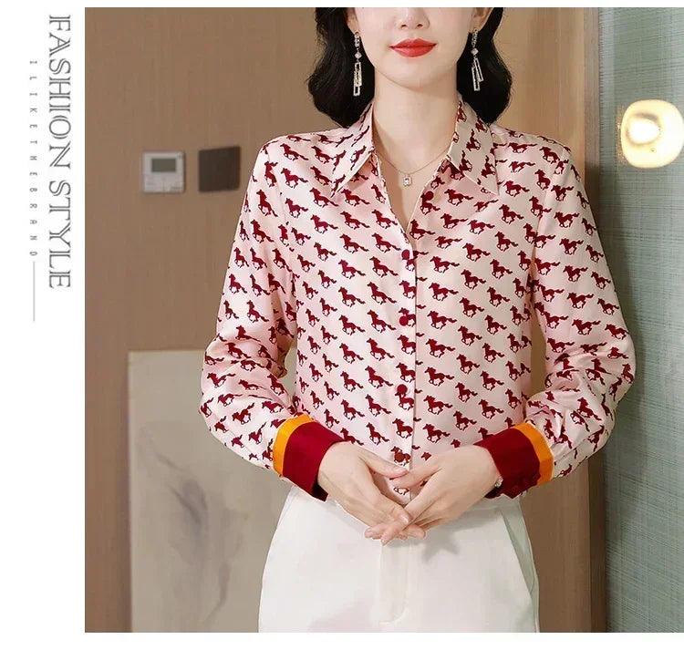Women satin silk shirts g horse print