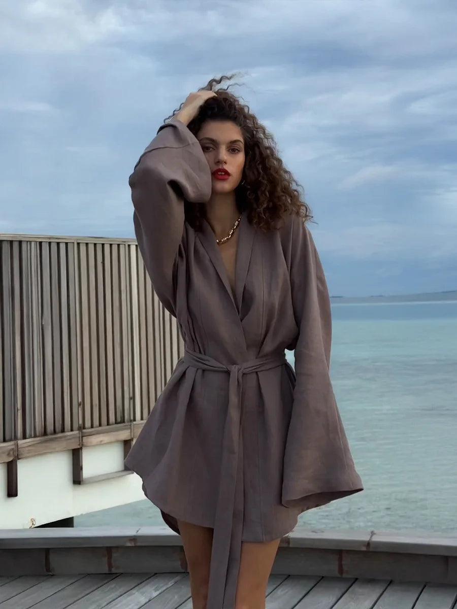 Elegant cotton linen v-neck beach dress 2025 spring and summer women fashion soft comfortable loose lace vacation casual