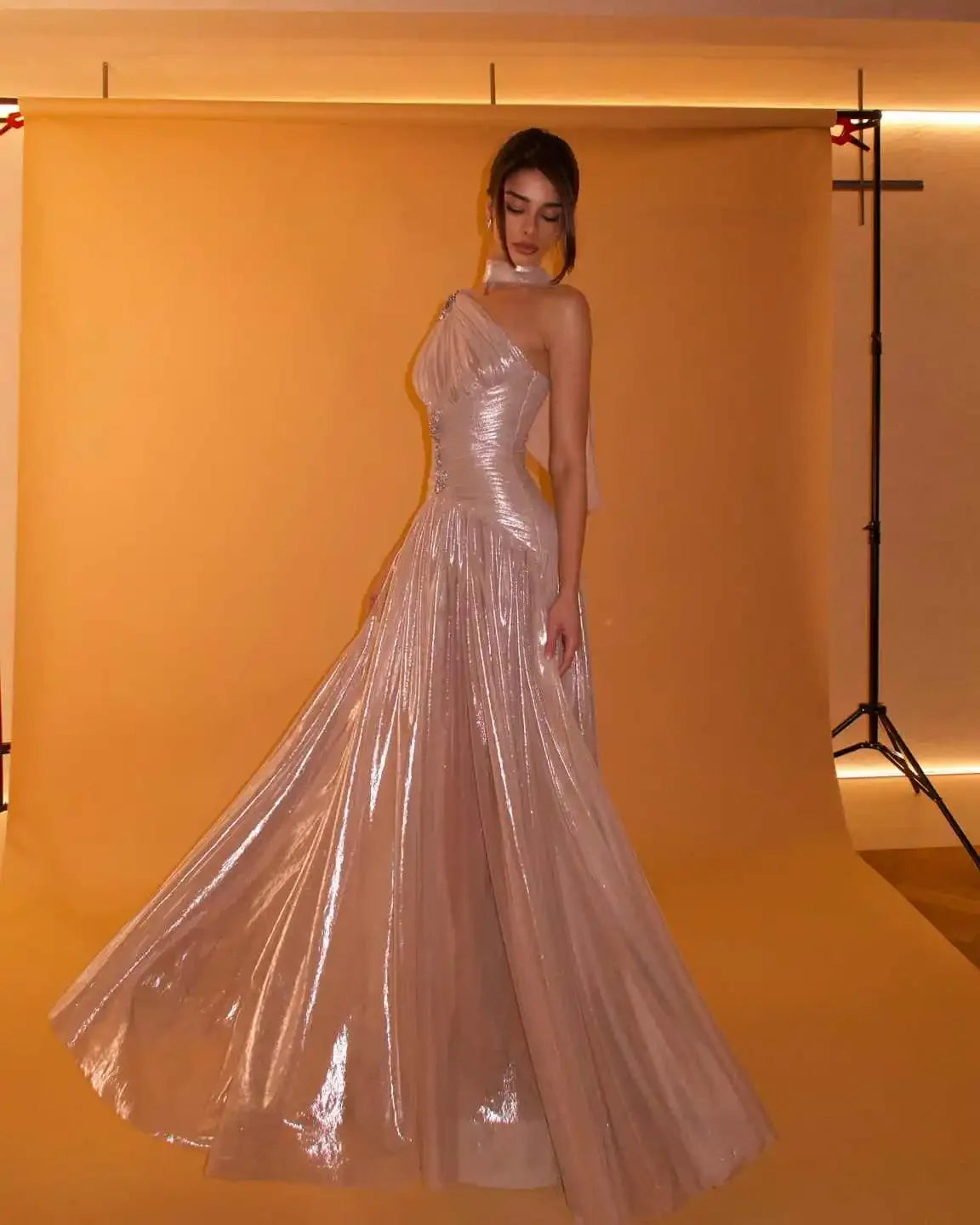 Sharon Said Elegant Rose Gold One Shoulder Evening Dress with Scarf Pleated for Women Wedding Party Prom Gowns SF235 Customized