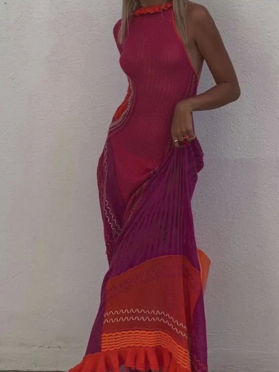 Crochet Knitted Dress for Women Contrast Hollow-Out See-Through One Shoulder Long Sleeve Beach Dress Bikini Cover-Ups