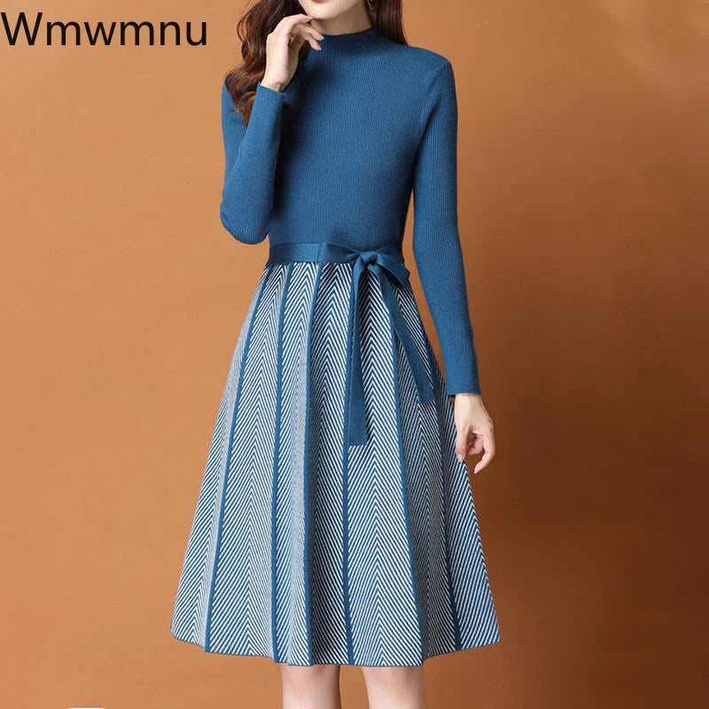 Sweater Dress Fall Winter patchwork Long Sleeve Women Elegant Knitted A-Line pleated Dress Female Korean Lace-Up Vestidos 2023