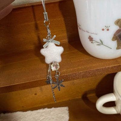 Winter Snowflake Keychain Phone Bag Straps Lanyard Plush Five Pointed Star Keychains Christmas Accessories for Women Girl Gifts