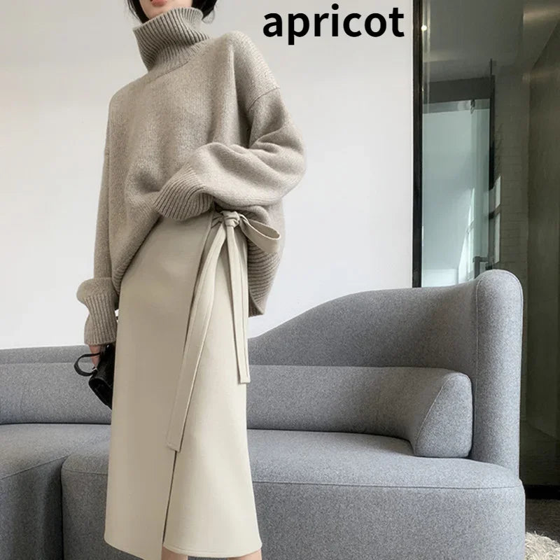 Women's Turtleneck Long Sleeve Sweater Oversize Pullovers Top Female Autumn Solid Gray Khaki Knitted Sweaters for Women Knitwear