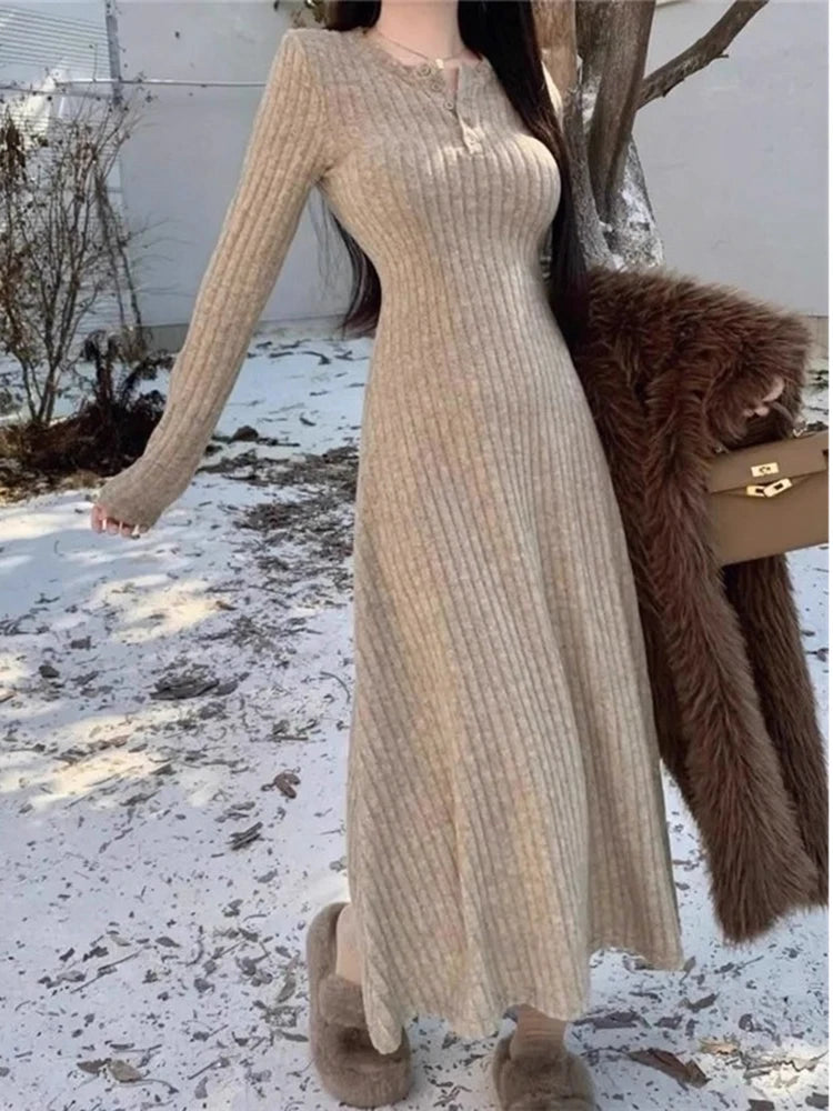 Knitted Sweater Dress Women Casual Long Sleeve French Mid Long Length Knee Dress Coat Ins Fashion Winter Versatile Wardrobe