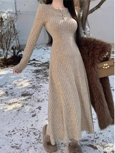 Knitted Sweater Dress Women Casual Long Sleeve French Mid Long Length Knee Dress Coat Ins Fashion Winter Versatile Wardrobe