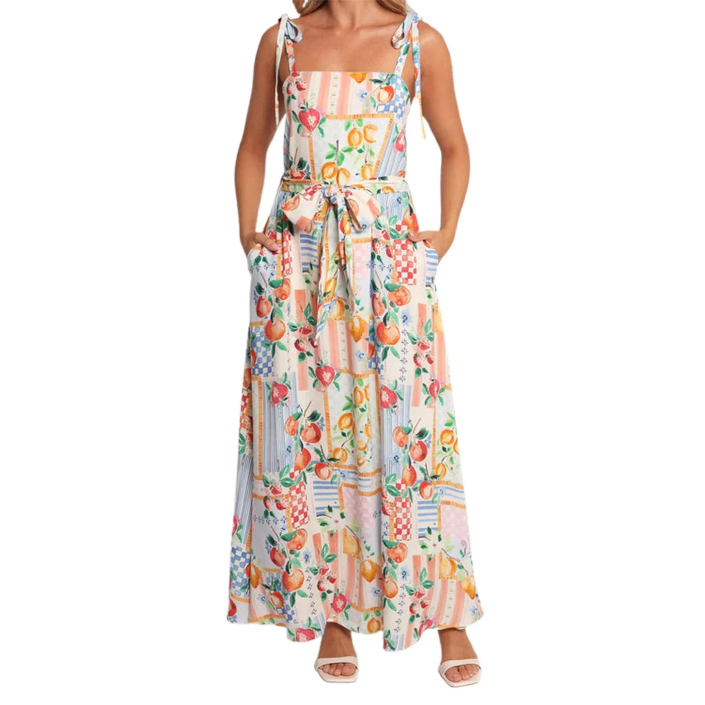 Women Slip Dress Spaghetti Straps Backless Fruit Flower Print Swing Dress Summer Long Dress with Belt for Cocktail Party